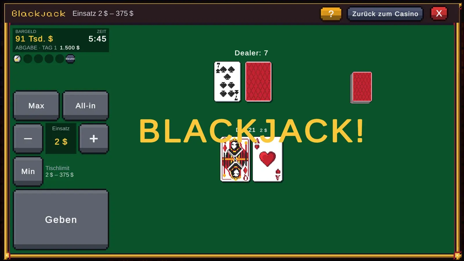 Blackjack-Tisch mit dem Moment „Blackjack!“